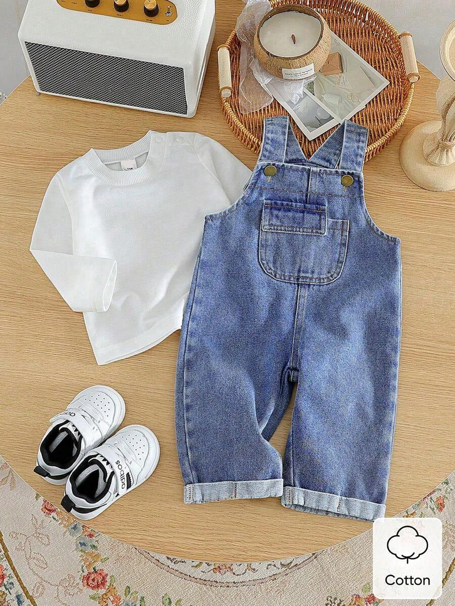 Baby Boy Solid Tee and Roll Up Hem Denim Overall Jumpsuit Casual Spring Summer Outfit Set