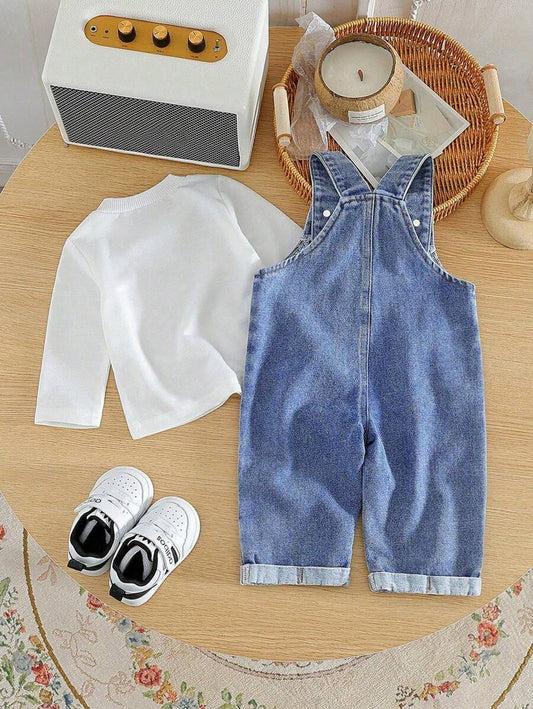 Baby Boy Solid Tee and Roll Up Hem Denim Overall Jumpsuit Casual Spring Summer Outfit Set
