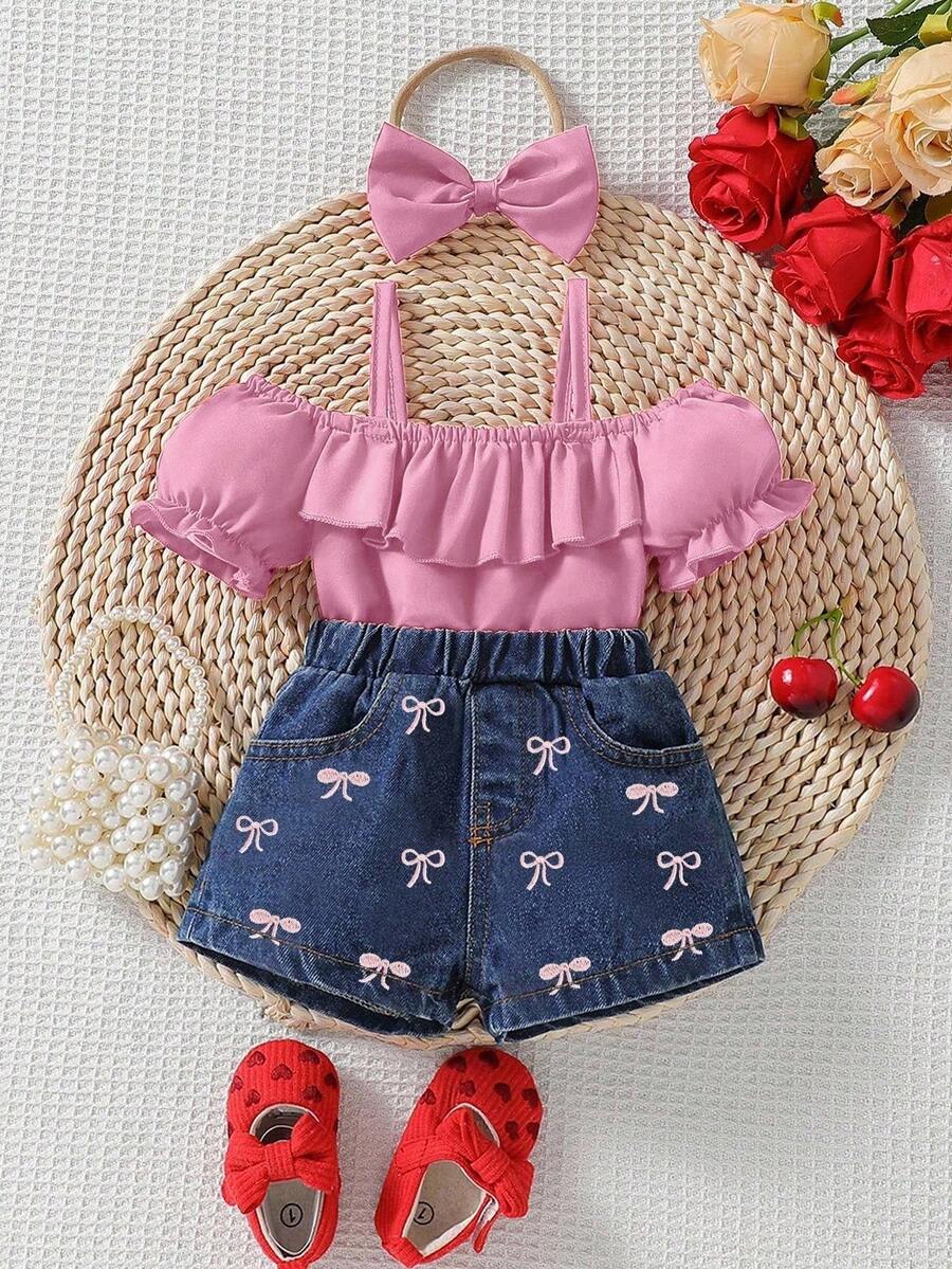 Infant Girls 2pcs Casual Denim Top & Bow Decor Jeans Set
