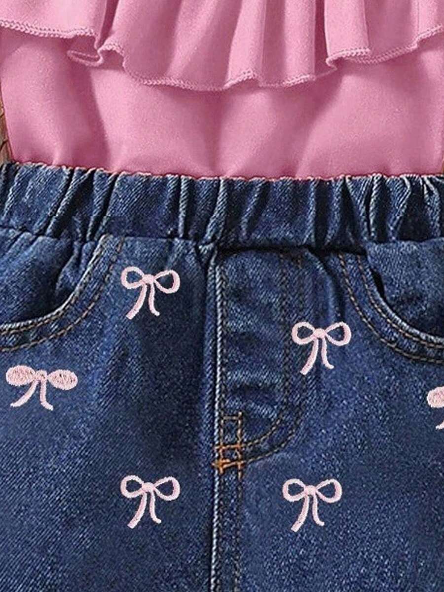 Infant Girls 2pcs Casual Denim Top & Bow Decor Jeans Set