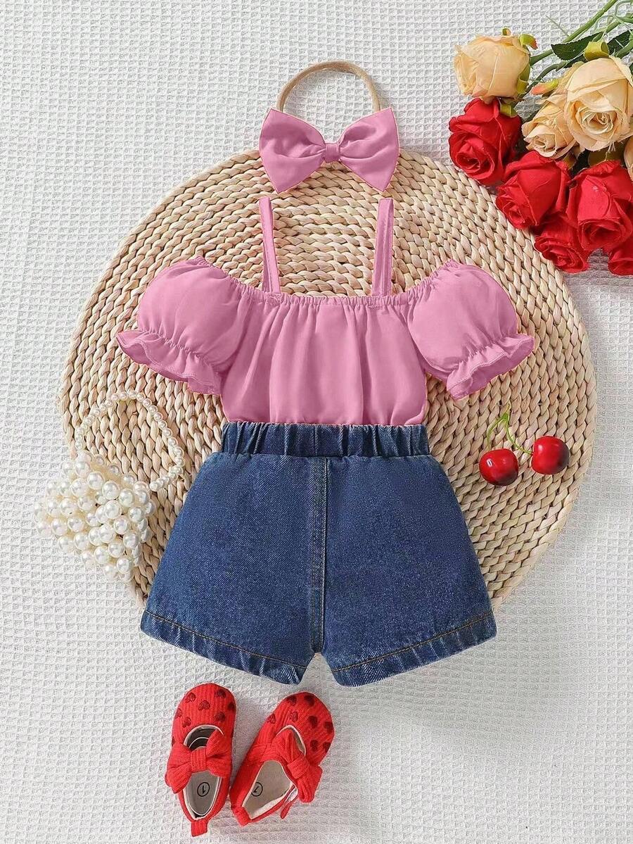Infant Girls 2pcs Casual Denim Top & Bow Decor Jeans Set