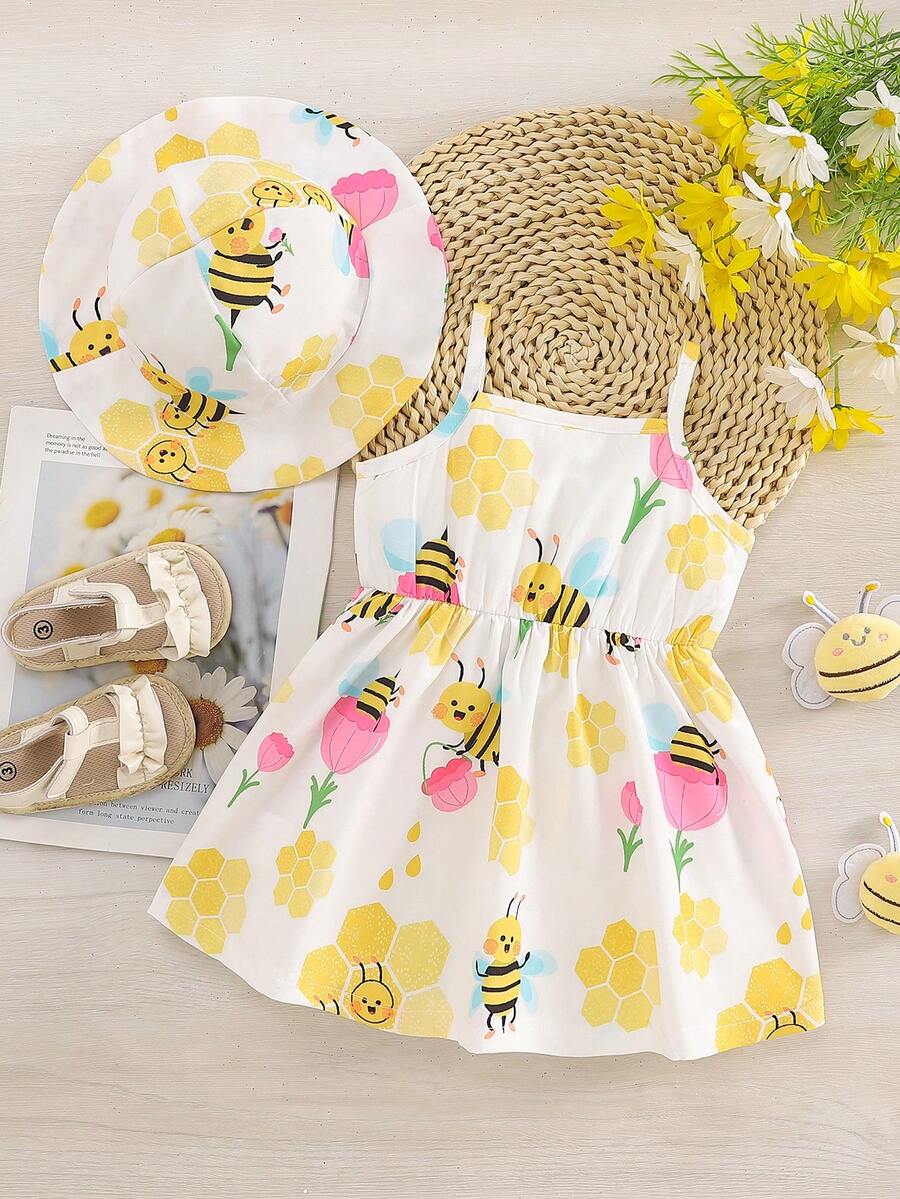 Toddler Girl 2pcs Casual Bee Print Sun Dress Set with Matching Bucket Hat - Comfortable Summer Clothes