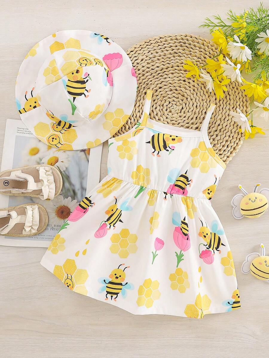 Toddler Girl 2pcs Casual Bee Print Sun Dress Set with Matching Bucket Hat - Comfortable Summer Clothes