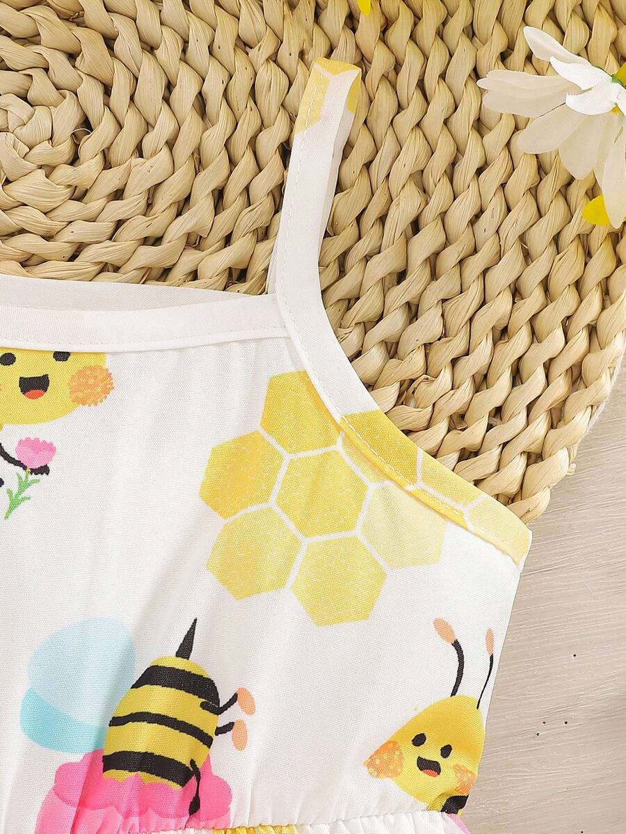 Toddler Girl 2pcs Casual Bee Print Sun Dress Set with Matching Bucket Hat - Comfortable Summer Clothes