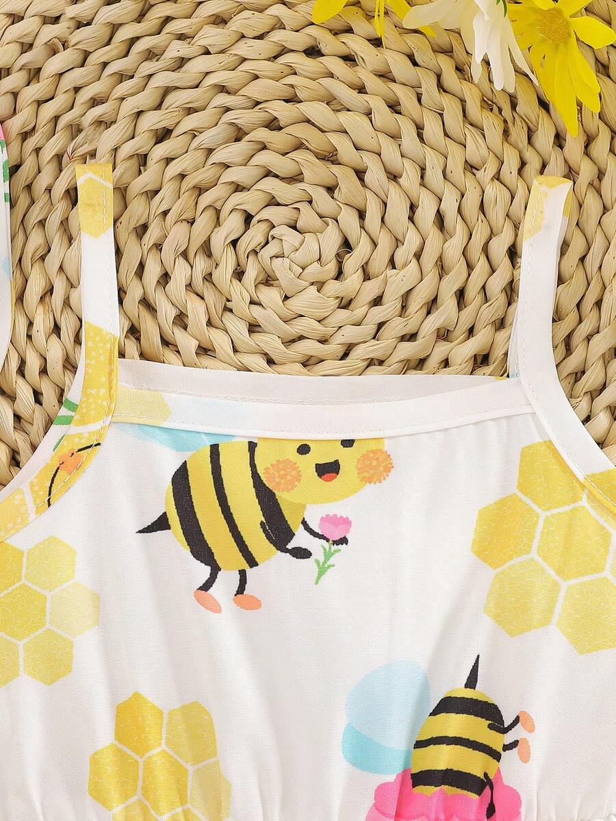 Toddler Girl 2pcs Casual Bee Print Sun Dress Set with Matching Bucket Hat - Comfortable Summer Clothes