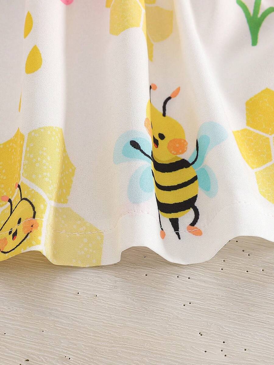 Toddler Girl 2pcs Casual Bee Print Sun Dress Set with Matching Bucket Hat - Comfortable Summer Clothes