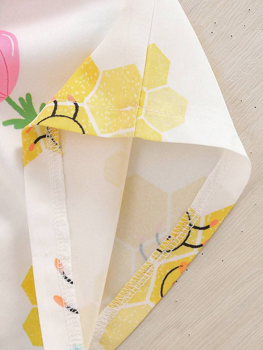 Toddler Girl 2pcs Casual Bee Print Sun Dress Set with Matching Bucket Hat - Comfortable Summer Clothes