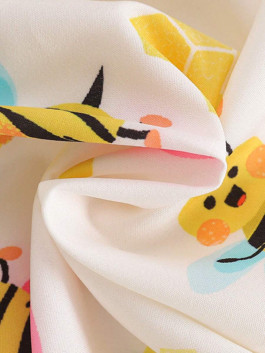Toddler Girl 2pcs Casual Bee Print Sun Dress Set with Matching Bucket Hat - Comfortable Summer Clothes