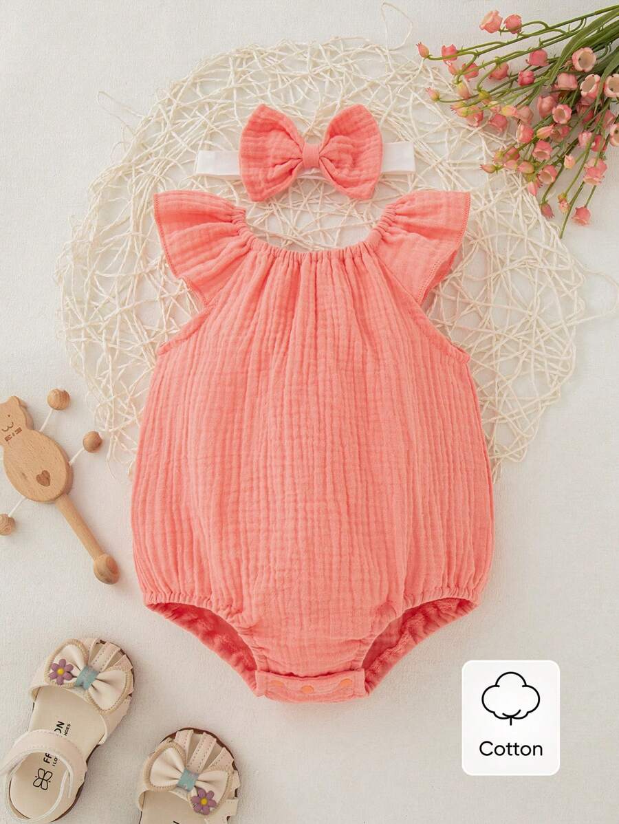 Lemon Print Ruffle Trim Bodysuit and Headband Set for Cute Summer Daily Wear