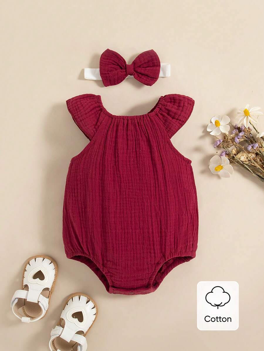 Baby Floral and Grass Print Ruffle Sleeve Romper with Headband for Summer Outings