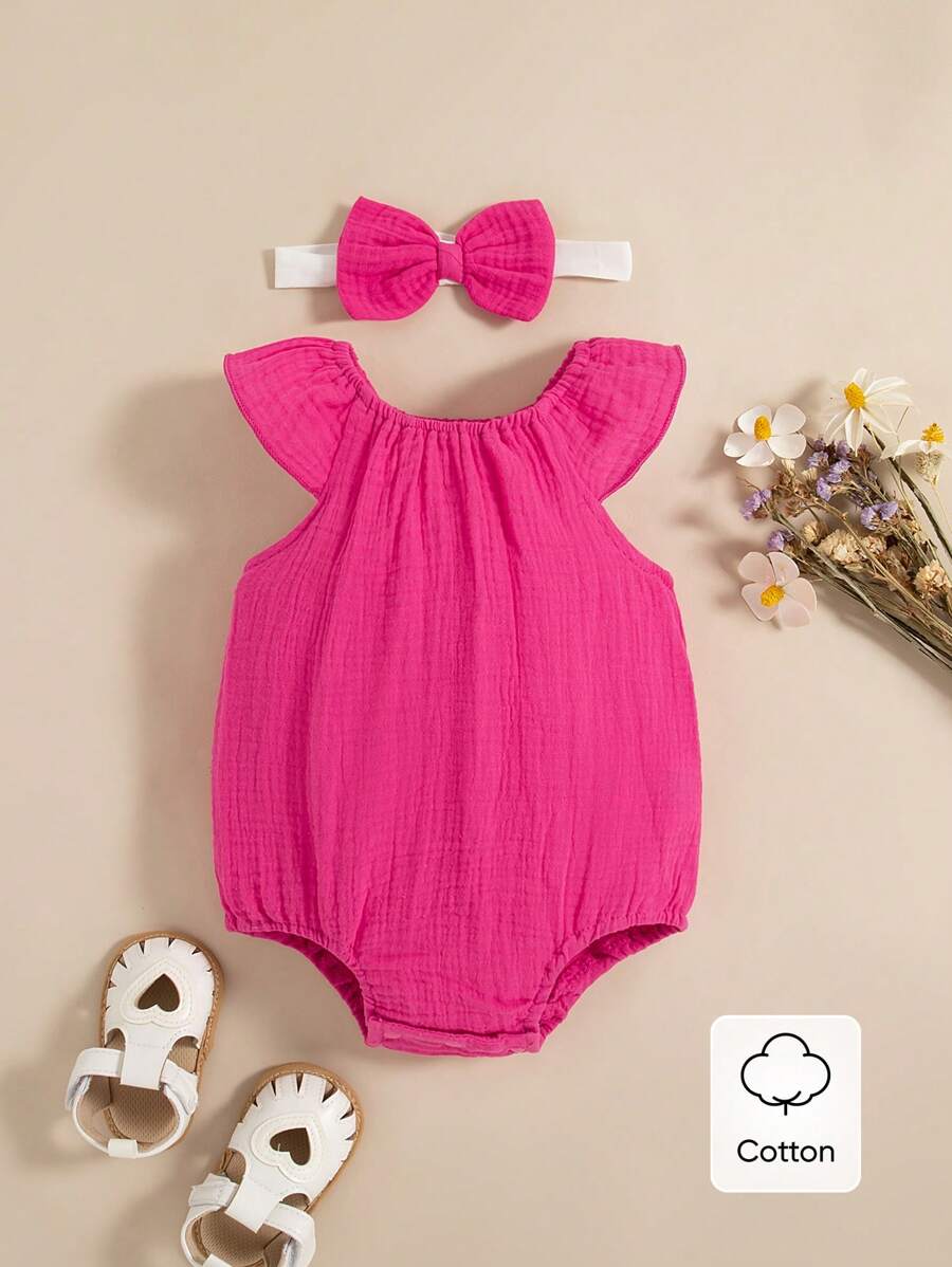 Baby Floral and Grass Print Ruffle Sleeve Romper with Headband for Summer Outings