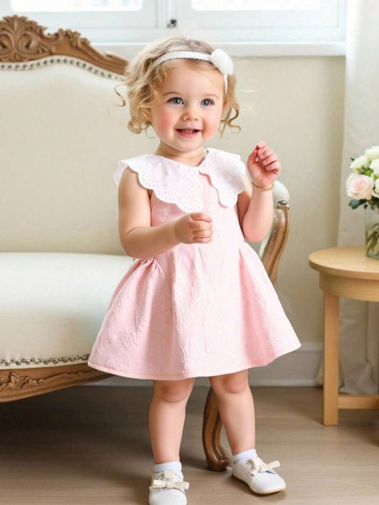 Little Girls Princess Pink Dress With Peter Pan Collar And Lace Detail