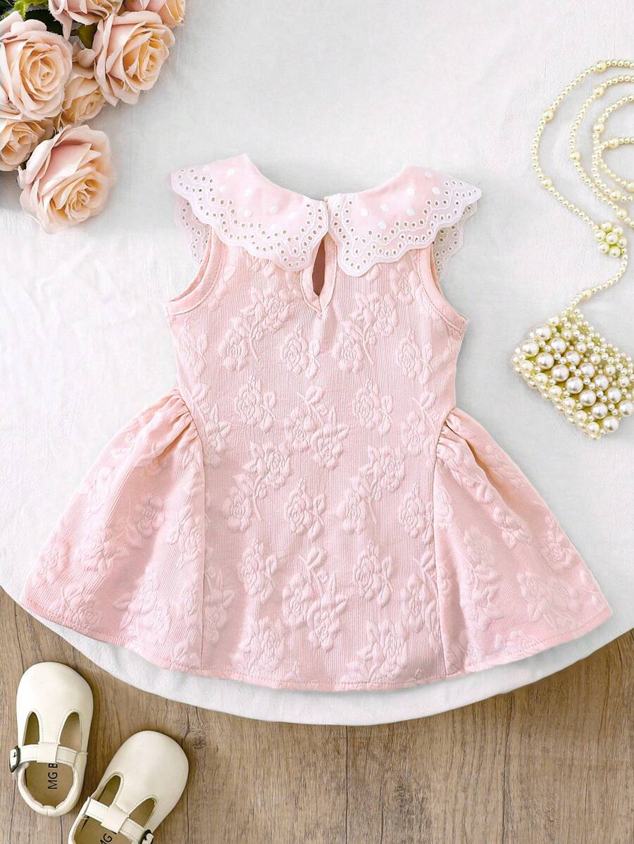 Little Girls Princess Pink Dress With Peter Pan Collar And Lace Detail