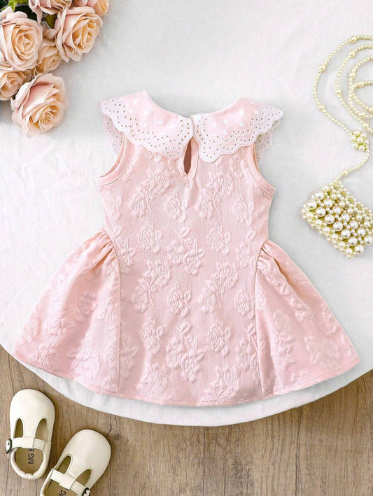 Little Girls Princess Pink Dress With Peter Pan Collar And Lace Detail