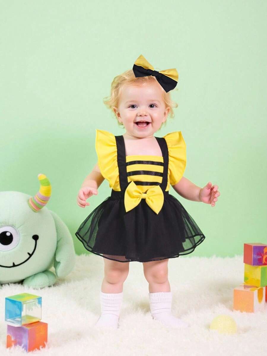 Mesh Tutu Suspender Bodysuit with Bow Detail for Cute Spring and Summer Wear