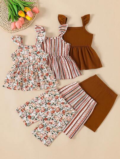 Infant Girls 3-Piece Summer Set: Full Print Floral and Striped Sleeveless Top and Shorts