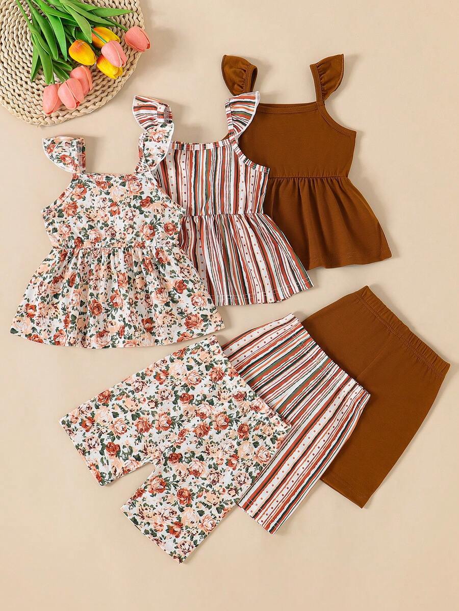 Infant Girls 3-Piece Summer Set: Full Print Floral and Striped Sleeveless Top and Shorts