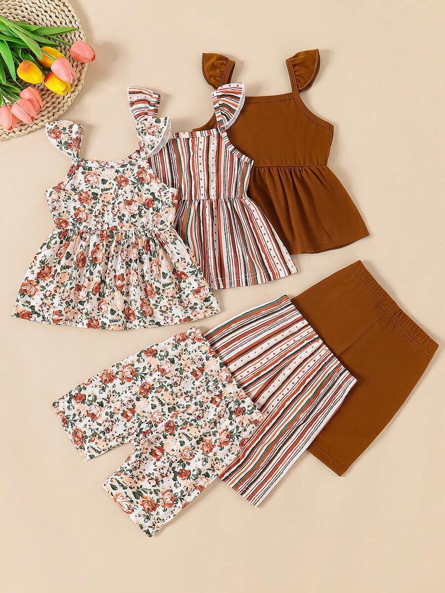 Infant Girls 3-Piece Summer Set: Full Print Floral and Striped Sleeveless Top and Shorts