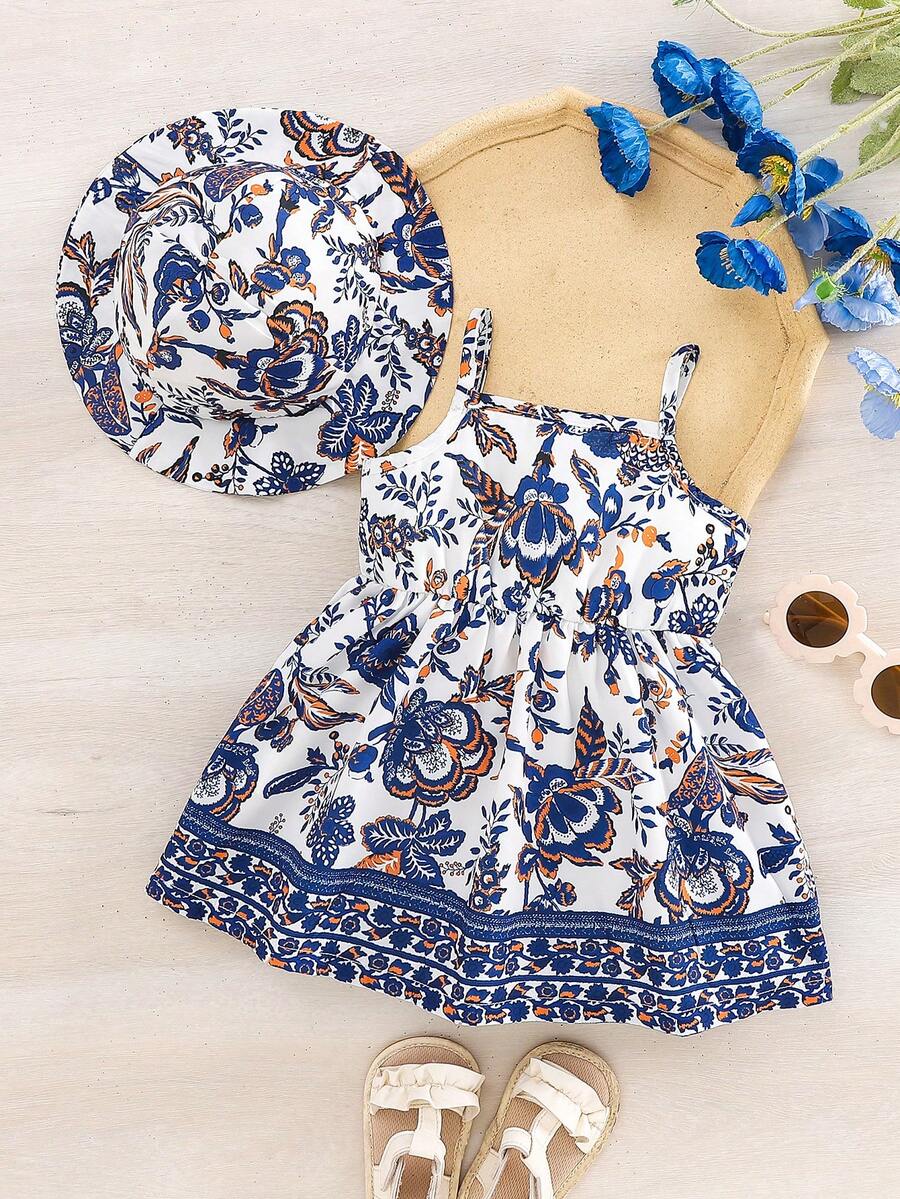 2pcs Baby Girl Floral Print Dress and Hat Set for Spring and Summer Wear