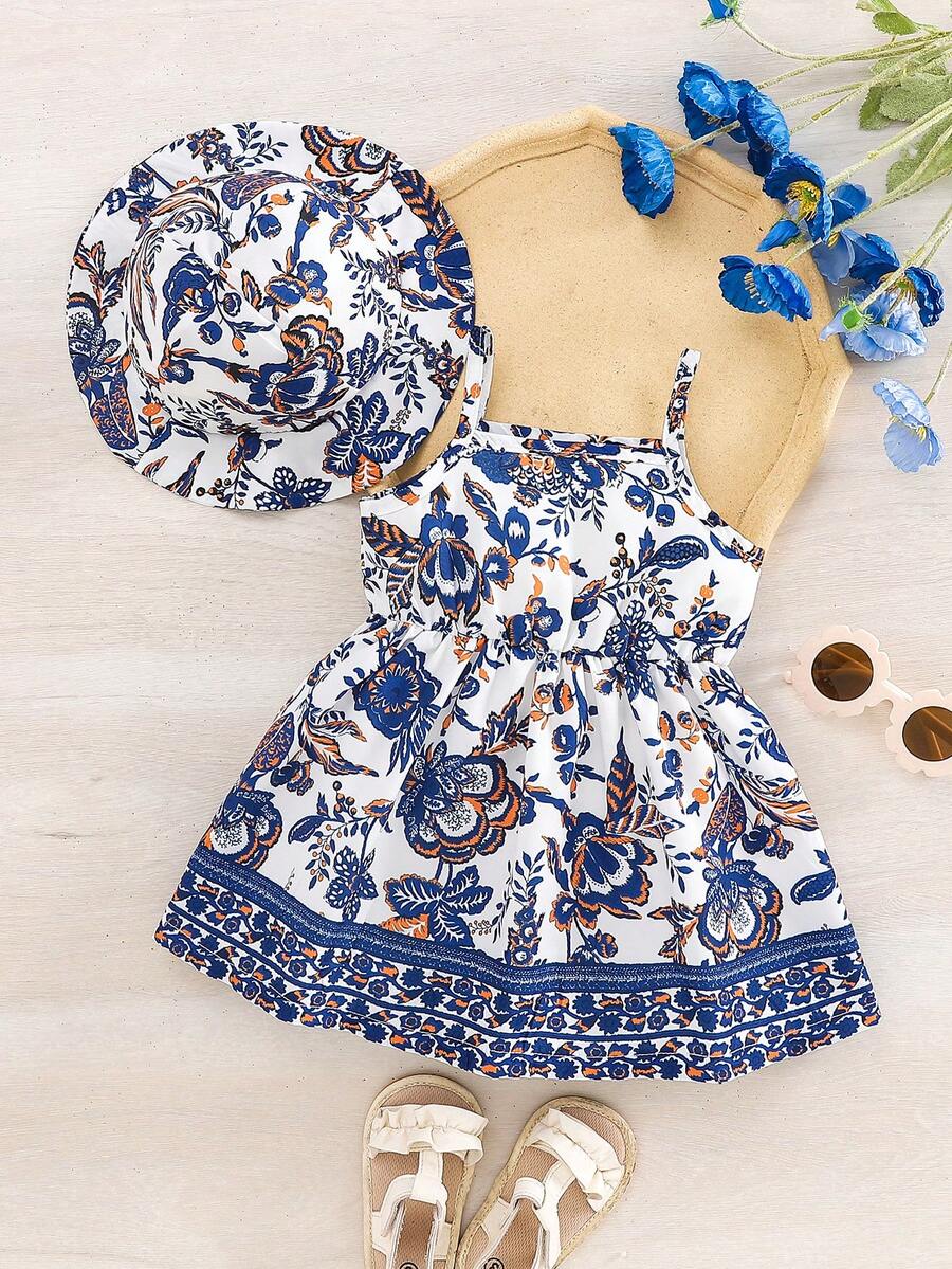 2pcs Baby Girl Floral Print Dress and Hat Set for Spring and Summer Wear