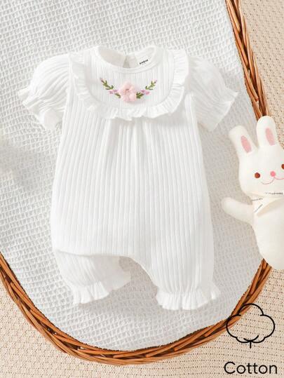 Baby Embroidered Bubble Sleeve Jumpsuit Shorts for Cute Summer Daily Wear