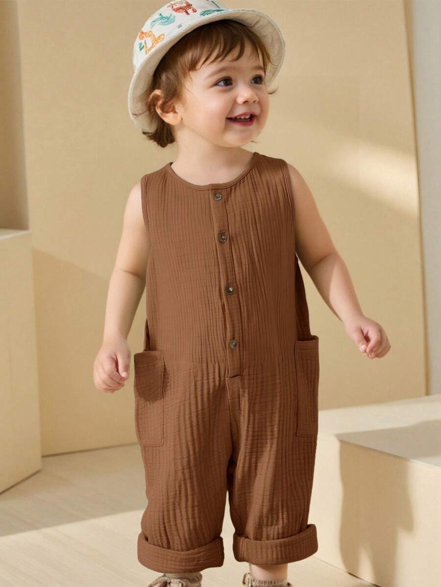Unisex Newborn Baby Apricot Striped Sleeveless Romper Casual Spring Summer Vacation Outfit