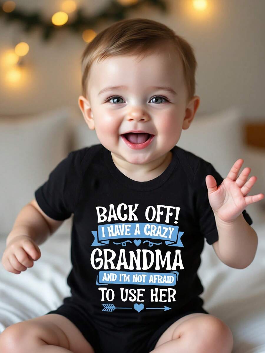 Baby Boy Funny Letter Print Short Sleeve Bodysuit Casual Summer Outfit Back Off I Have A Crazy Grandma
