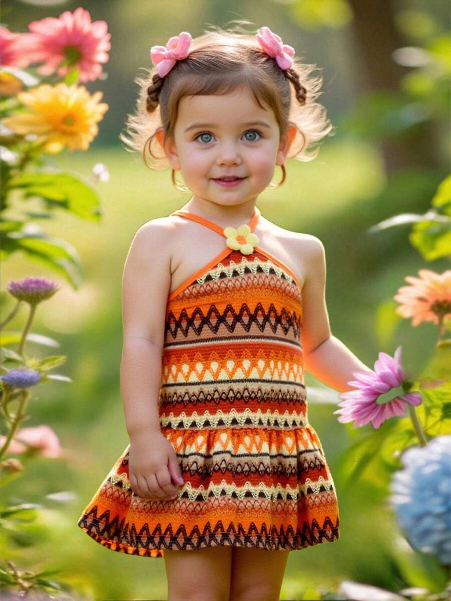 Striped Halter Dress With 3D Flower Detail Comfortable Summer Wear For Little Girls