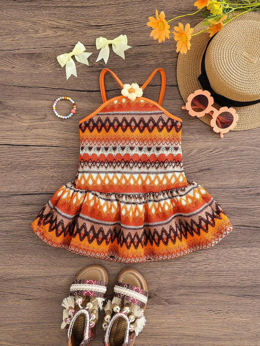 Striped Halter Dress With 3D Flower Detail Comfortable Summer Wear For Little Girls