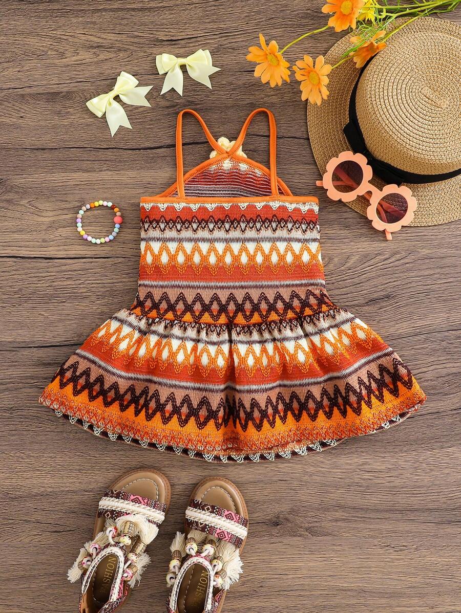 Striped Halter Dress With 3D Flower Detail Comfortable Summer Wear For Little Girls