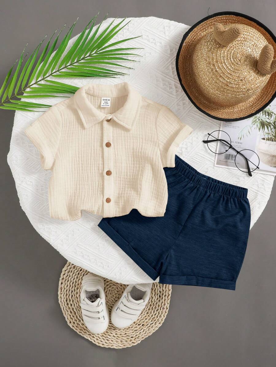 Baby Boy 2pcs Knit Jacquard Summer Set - Short Sleeve Shirt & Elastic Shorts