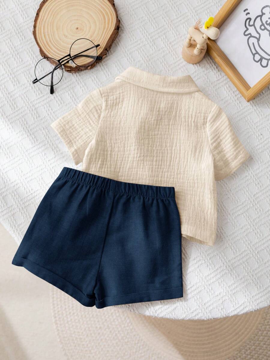 Baby Boy 2pcs Knit Jacquard Summer Set - Short Sleeve Shirt & Elastic Shorts