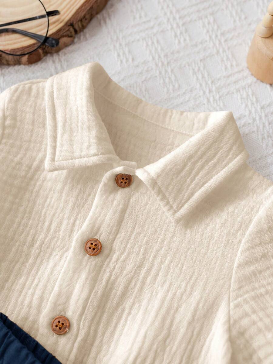 Baby Boy 2pcs Knit Jacquard Summer Set - Short Sleeve Shirt & Elastic Shorts