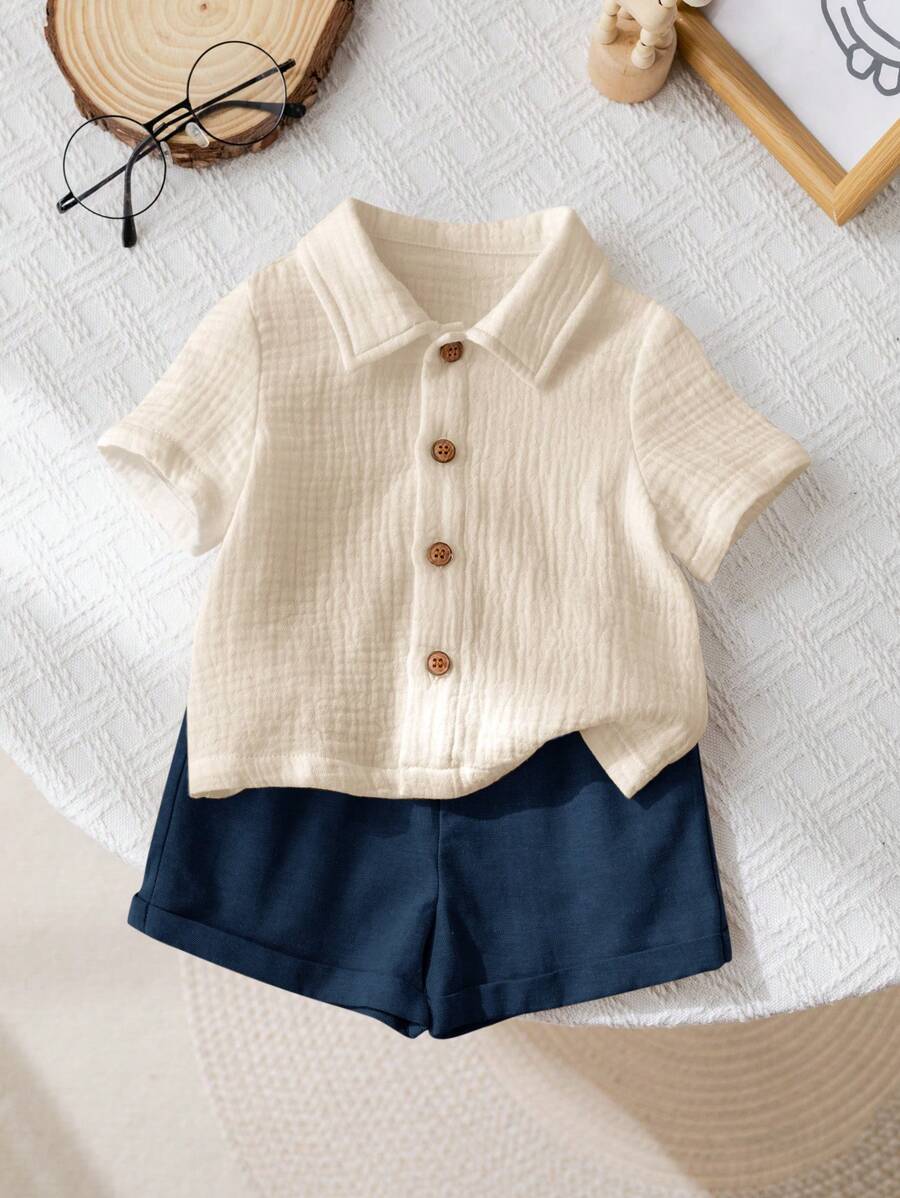 Baby Boy 2pcs Knit Jacquard Summer Set - Short Sleeve Shirt & Elastic Shorts