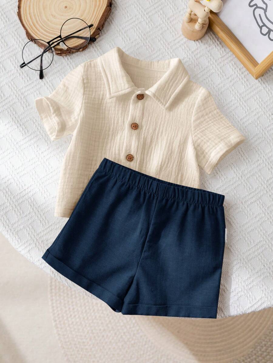 Baby Boy 2pcs Knit Jacquard Summer Set - Short Sleeve Shirt & Elastic Shorts