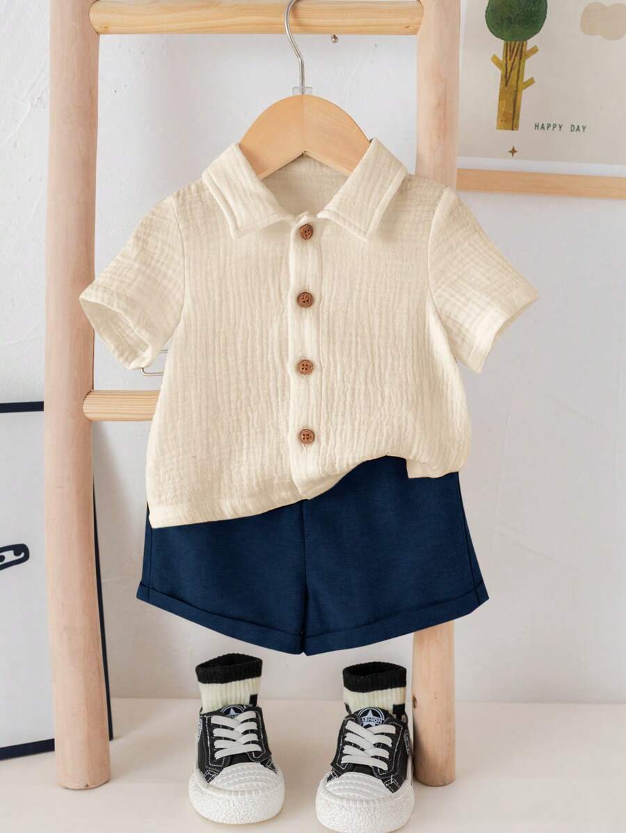 Baby Boy 2pcs Knit Jacquard Summer Set - Short Sleeve Shirt & Elastic Shorts