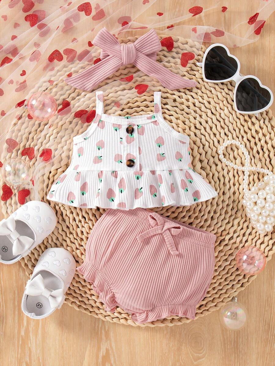 2PCS Baby Heart Print Rib Knit Top and Shorts Set for Cute Summer Daily Wear