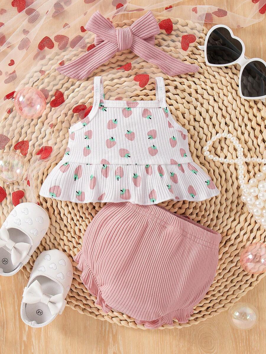 Baby Girl Heart Print Camisole Top and Shorts Set for Cute Summer Daily Wear