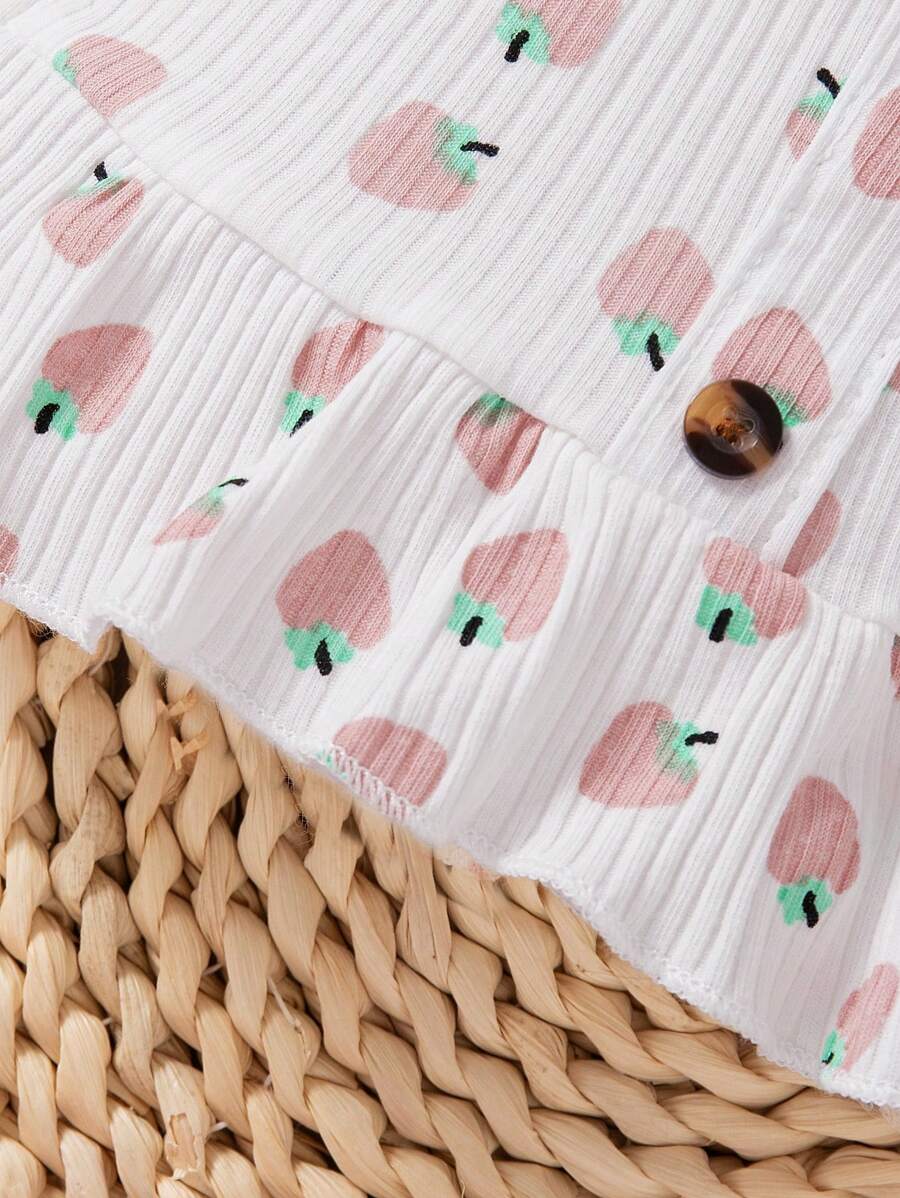 2PCS Baby Heart Print Rib Knit Top and Shorts Set for Cute Summer Daily Wear