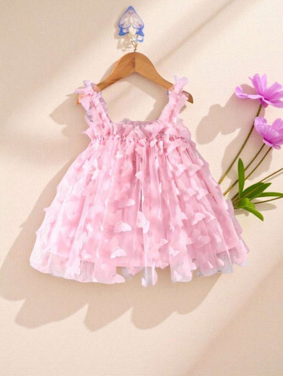 Baby Girl Butterfly Appliques Mesh Overlay Princess Dress for Birthday Party