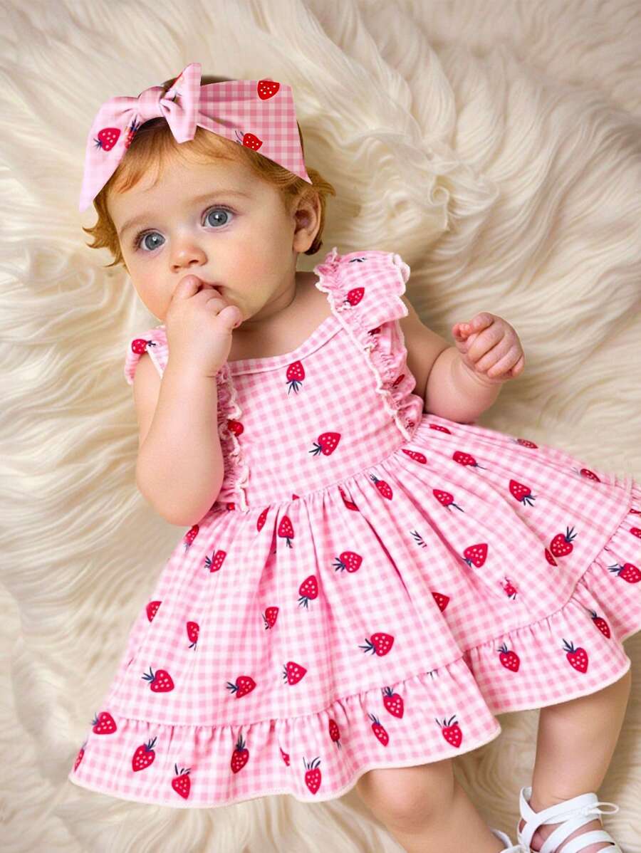 2PCS Baby Strawberry Plaid Dress and Bow Headband Set for Cute Spring and Summer Outings