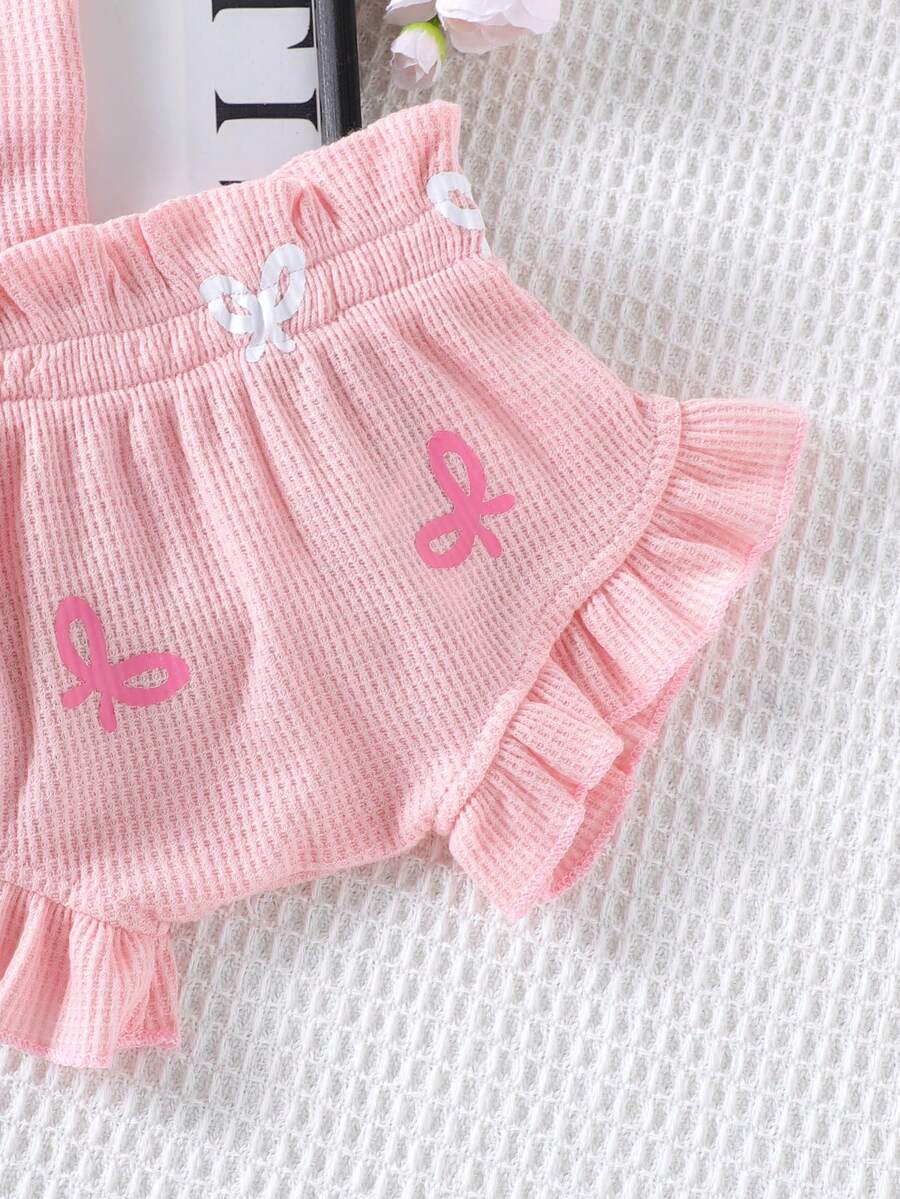 2pcs Embroidered Strap Bodysuit And Shorts Set Lightweight Summer Outfit For Baby Girls