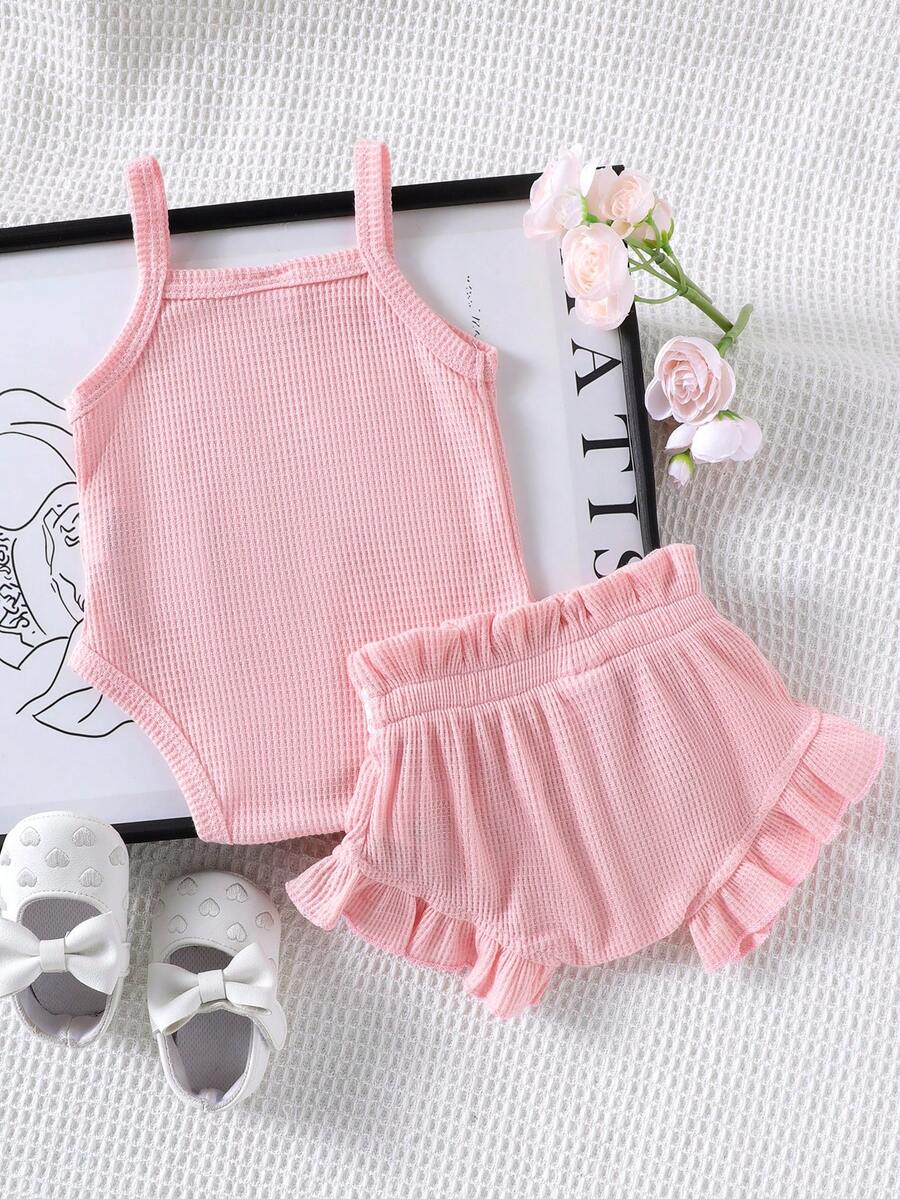 2pcs Embroidered Strap Bodysuit And Shorts Set Lightweight Summer Outfit For Baby Girls