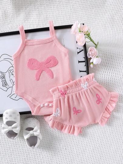 2pcs Embroidered Strap Bodysuit And Shorts Set Lightweight Summer Outfit For Baby Girls