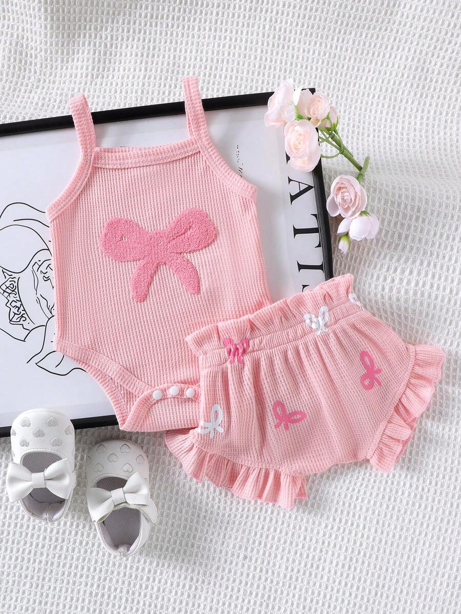 2pcs Embroidered Strap Bodysuit And Shorts Set Lightweight Summer Outfit For Baby Girls