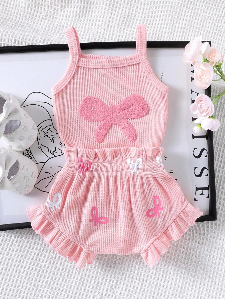 2pcs Embroidered Strap Bodysuit And Shorts Set Lightweight Summer Outfit For Baby Girls