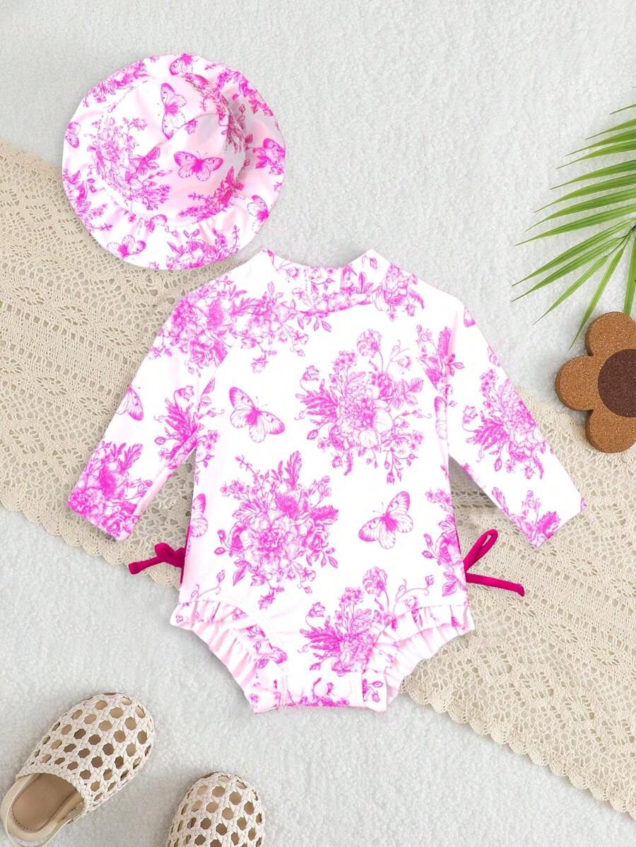 Baby Floral Print Ruffle Long Sleeve Swimsuit Set with Matching Swim Cap