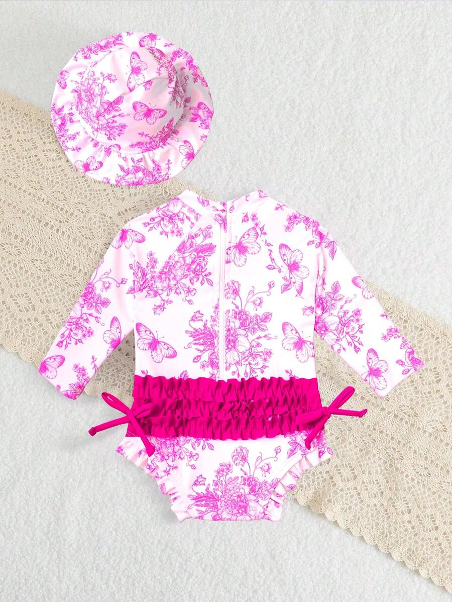 Baby Floral Print Ruffle Long Sleeve Swimsuit Set with Matching Swim Cap