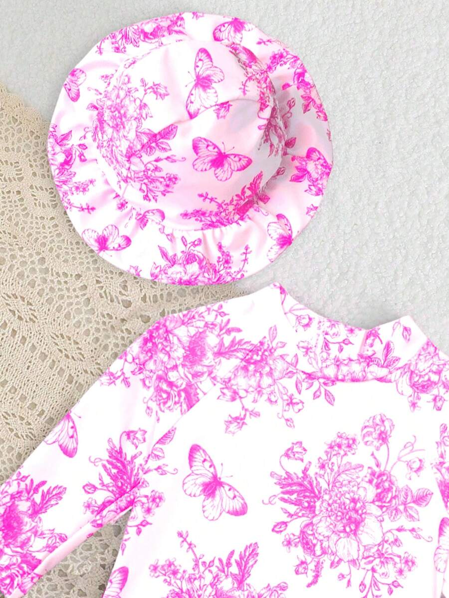 Baby Floral Print Ruffle Long Sleeve Swimsuit Set with Matching Swim Cap