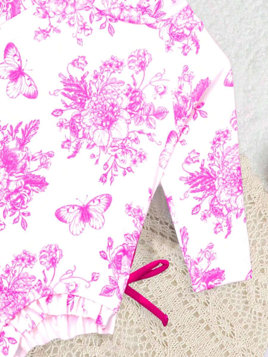Baby Floral Print Ruffle Long Sleeve Swimsuit Set with Matching Swim Cap